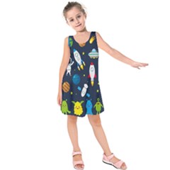 Big Set Cute Astronaut Space Planet Star Alien Rockets Ufo Constellation Satellite Moon Kids  Sleeveless Dress by Wegoenart