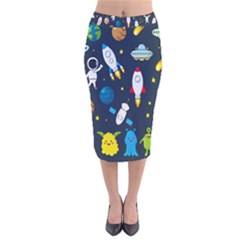 Big Set Cute Astronaut Space Planet Star Alien Rockets Ufo Constellation Satellite Moon Velvet Midi Pencil Skirt by Wegoenart