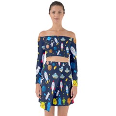 Big Set Cute Astronaut Space Planet Star Alien Rockets Ufo Constellation Satellite Moon Off Shoulder Top With Skirt Set by Wegoenart