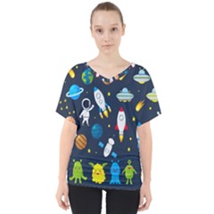 Big Set Cute Astronaut Space Planet Star Alien Rockets Ufo Constellation Satellite Moon V-neck Dolman Drape Top by Wegoenart