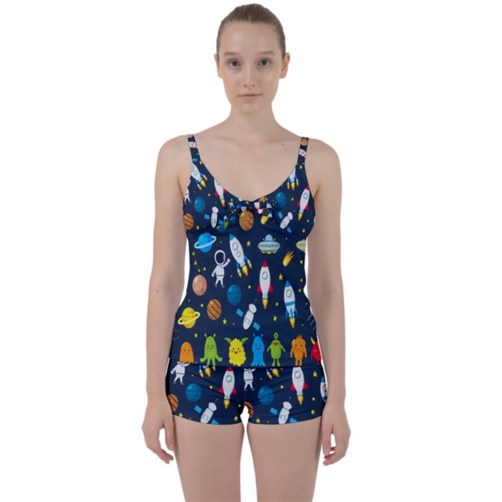 Big Set Cute Astronaut Space Planet Star Alien Rockets Ufo Constellation Satellite Moon Tie Front Two Piece Tankini