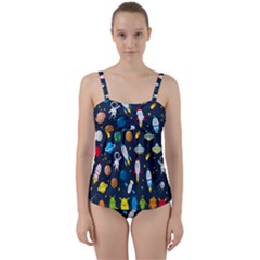 Big Set Cute Astronaut Space Planet Star Alien Rockets Ufo Constellation Satellite Moon Twist Front Tankini Set by Wegoenart