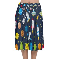 Big Set Cute Astronaut Space Planet Star Alien Rockets Ufo Constellation Satellite Moon Velvet Flared Midi Skirt by Wegoenart