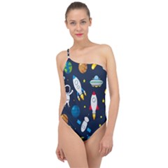 Big Set Cute Astronaut Space Planet Star Alien Rockets Ufo Constellation Satellite Moon Classic One Shoulder Swimsuit by Wegoenart