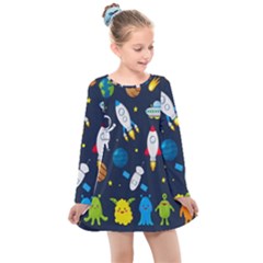 Big Set Cute Astronaut Space Planet Star Alien Rockets Ufo Constellation Satellite Moon Kids  Long Sleeve Dress by Wegoenart