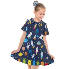 Big Set Cute Astronaut Space Planet Star Alien Rockets Ufo Constellation Satellite Moon Kids  Short Sleeve Shirt Dress by Wegoenart