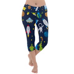 Big Set Cute Astronaut Space Planet Star Alien Rockets Ufo Constellation Satellite Moon Lightweight Velour Capri Yoga Leggings by Wegoenart