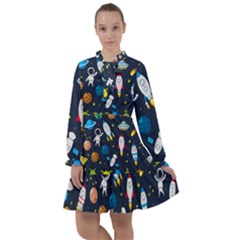 Big Set Cute Astronaut Space Planet Star Alien Rockets Ufo Constellation Satellite Moon All Frills Chiffon Dress by Wegoenart