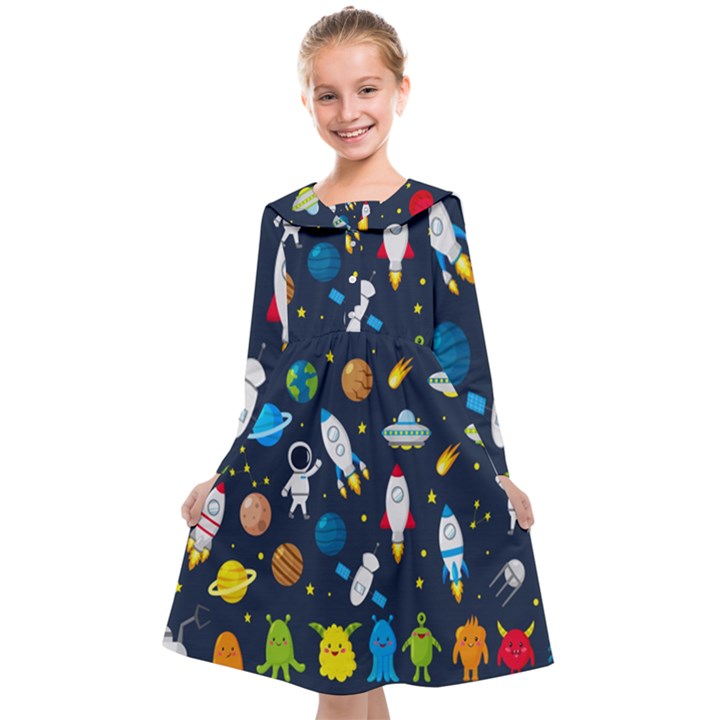 Big Set Cute Astronaut Space Planet Star Alien Rockets Ufo Constellation Satellite Moon Kids  Midi Sailor Dress