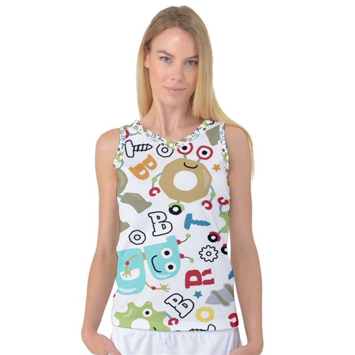 Seamless Pattern Vector With Funny Robot Cartoon Women s Basketball Tank Top