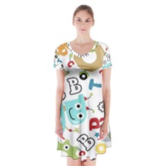 Seamless Pattern Vector With Funny Robot Cartoon Short Sleeve V-neck Flare Dress by Wegoenart