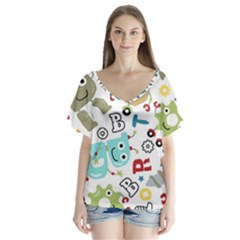 Seamless Pattern Vector With Funny Robot Cartoon V-neck Flutter Sleeve Top by Wegoenart