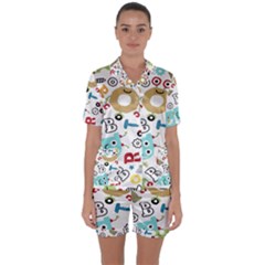 Seamless Pattern Vector With Funny Robot Cartoon Satin Short Sleeve Pajamas Set by Wegoenart