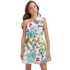 Seamless Pattern Vector With Funny Robot Cartoon Kids  One Shoulder Party Dress by Wegoenart