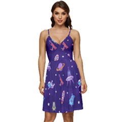 Space Seamless Pattern V-neck Pocket Summer Dress  by Wegoenart