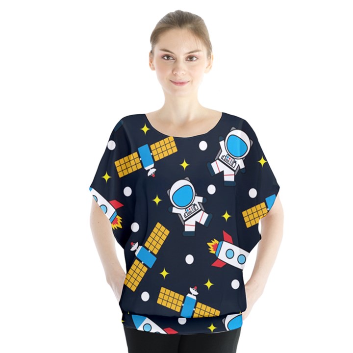 Seamless Adventure Space-vector Pattern Background Batwing Chiffon Blouse