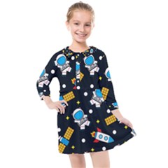 Seamless Adventure Space-vector Pattern Background Kids  Quarter Sleeve Shirt Dress by Wegoenart