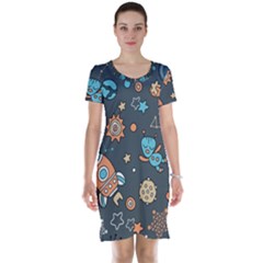 Rocketship Astronaut Space Seamless Pattern Short Sleeve Nightdress by Wegoenart