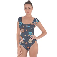 Rocketship Astronaut Space Seamless Pattern Short Sleeve Leotard  by Wegoenart