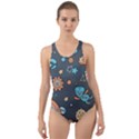 Rocketship Astronaut Space Seamless Pattern Cut-Out Back One Piece Swimsuit View1