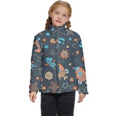 Rocketship Astronaut Space Seamless Pattern Kids  Puffer Bubble Jacket Coat by Wegoenart