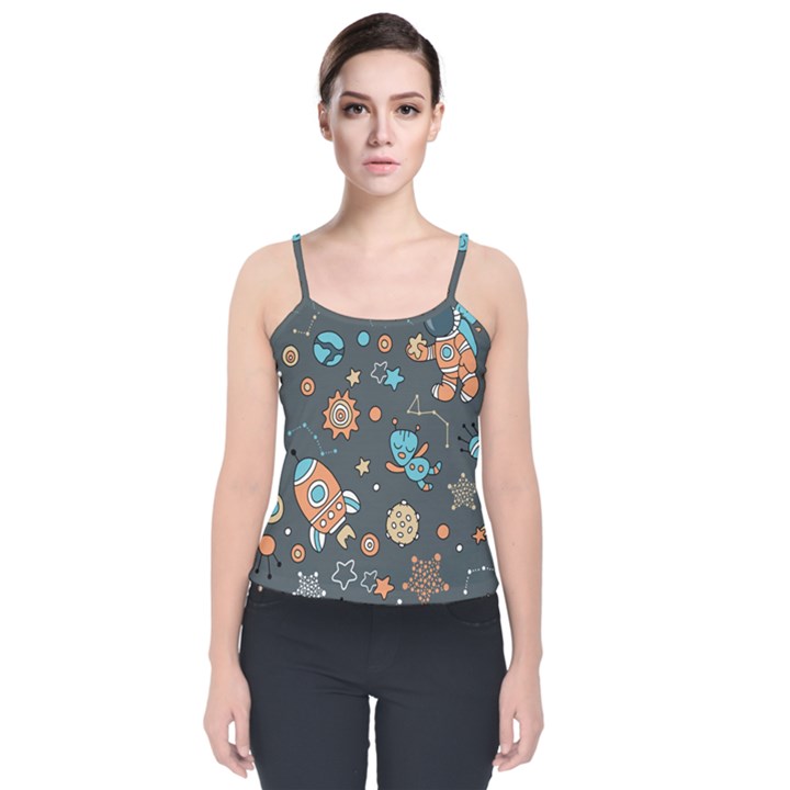 Rocketship Astronaut Space Seamless Pattern Velvet Spaghetti Strap Top