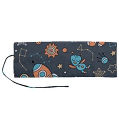 Rocketship Astronaut Space Seamless Pattern Roll Up Canvas Pencil Holder (m)