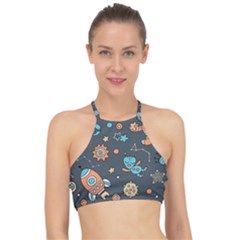 Rocketship Astronaut Space Seamless Pattern Racer Front Bikini Top by Wegoenart