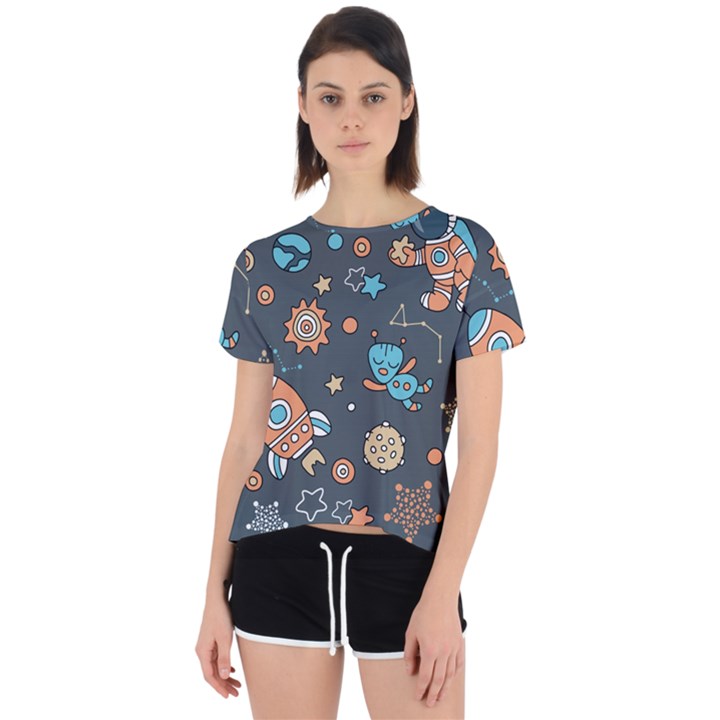 Rocketship Astronaut Space Seamless Pattern Open Back Sport Tee