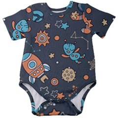 Rocketship Astronaut Space Seamless Pattern Baby Short Sleeve Onesie Bodysuit by Wegoenart