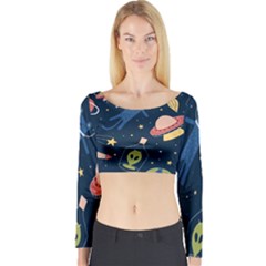 Seamless Pattern With Funny Alien Cat Galaxy Long Sleeve Crop Top by Wegoenart