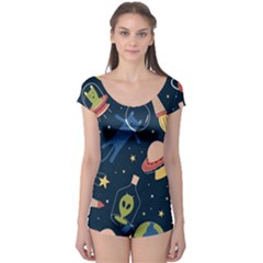 Seamless Pattern With Funny Alien Cat Galaxy Boyleg Leotard  by Wegoenart