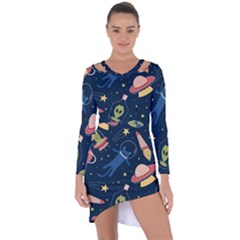 Seamless Pattern With Funny Alien Cat Galaxy Asymmetric Cut-out Shift Dress by Wegoenart