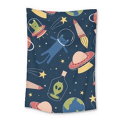 Seamless Pattern With Funny Alien Cat Galaxy Small Tapestry by Wegoenart