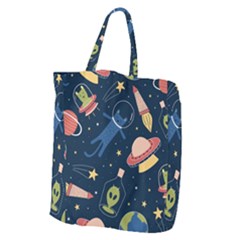 Seamless Pattern With Funny Alien Cat Galaxy Giant Grocery Tote by Wegoenart