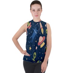 Seamless Pattern With Funny Alien Cat Galaxy Mock Neck Chiffon Sleeveless Top by Wegoenart