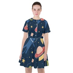 Seamless Pattern With Funny Alien Cat Galaxy Sailor Dress by Wegoenart