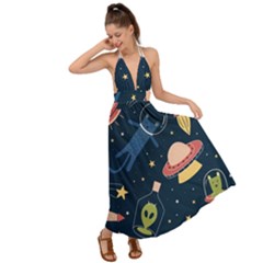 Seamless Pattern With Funny Alien Cat Galaxy Backless Maxi Beach Dress by Wegoenart