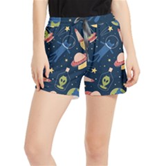 Seamless Pattern With Funny Alien Cat Galaxy Women s Runner Shorts by Wegoenart