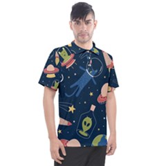 Seamless Pattern With Funny Alien Cat Galaxy Men s Polo Tee by Wegoenart