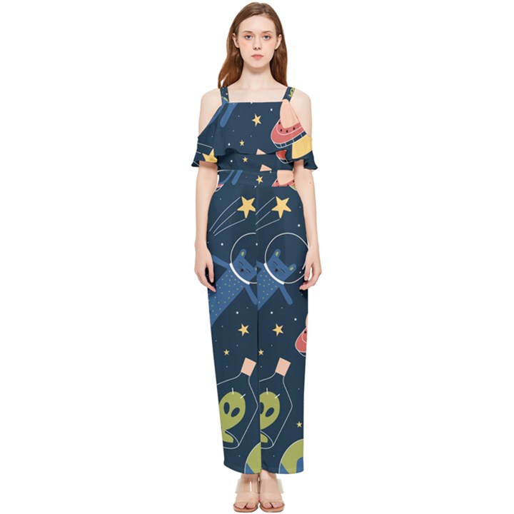 Seamless Pattern With Funny Alien Cat Galaxy Draped Sleeveless Chiffon Jumpsuit