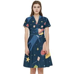 Seamless Pattern With Funny Alien Cat Galaxy Short Sleeve Waist Detail Dress by Wegoenart