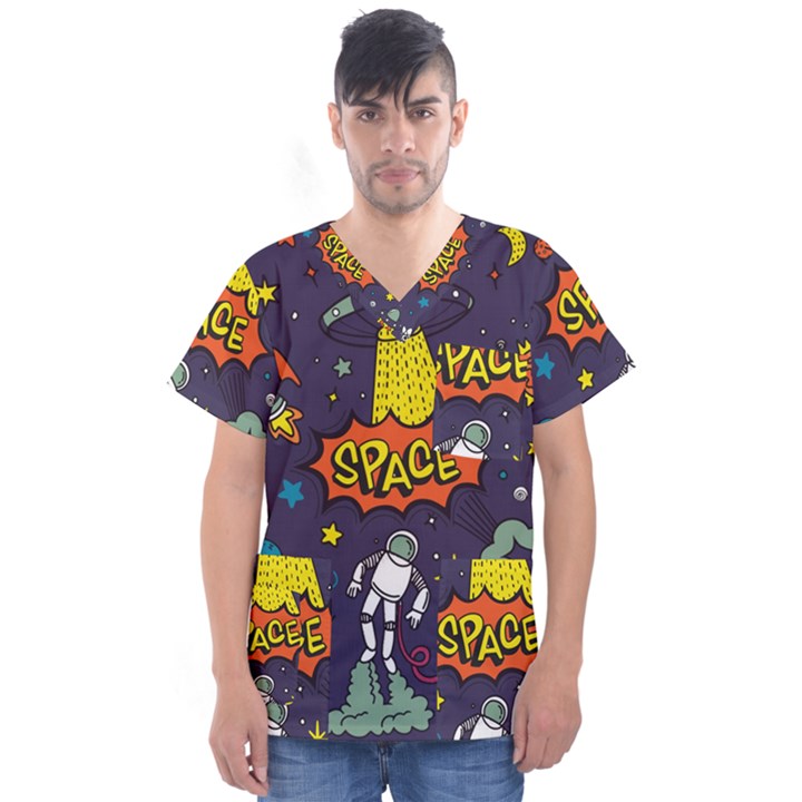 Vector Flat Space Design Background Men s V-Neck Scrub Top