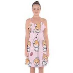 Set Kawaii Smile Japanese Dog Cartoon Ruffle Detail Chiffon Dress by Wegoenart