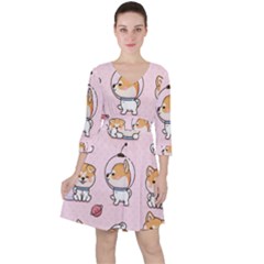 Set Kawaii Smile Japanese Dog Cartoon Quarter Sleeve Ruffle Waist Dress