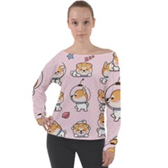 Set Kawaii Smile Japanese Dog Cartoon Off Shoulder Long Sleeve Velour Top by Wegoenart