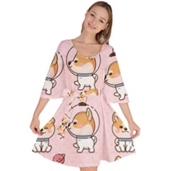 Set Kawaii Smile Japanese Dog Cartoon Velour Kimono Dress