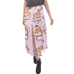 Set Kawaii Smile Japanese Dog Cartoon Velour Split Maxi Skirt by Wegoenart