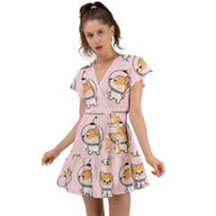 Set Kawaii Smile Japanese Dog Cartoon Flutter Sleeve Wrap Dress by Wegoenart