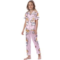 Set Kawaii Smile Japanese Dog Cartoon Kids  Satin Short Sleeve Pajamas Set by Wegoenart